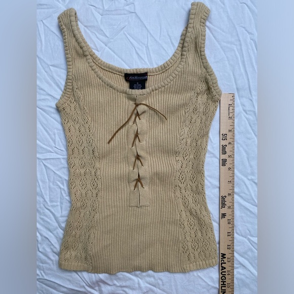 Women’s Y2K Takeout Size Small Tan Lace Tie up sweater Tank - Picture 3 of 6